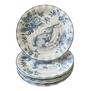 NEW Maxcera Blue Toile Bunny Rabbit Salad Plates 9.5" Scalloped Easter Set of 4